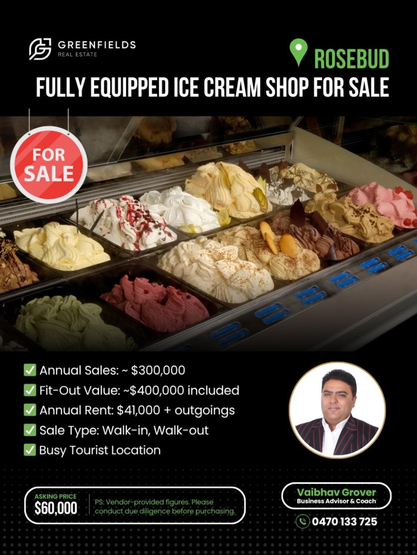 Fully Equipped Ice Cream Shop for Chattel Sale  Rosebud. VIC